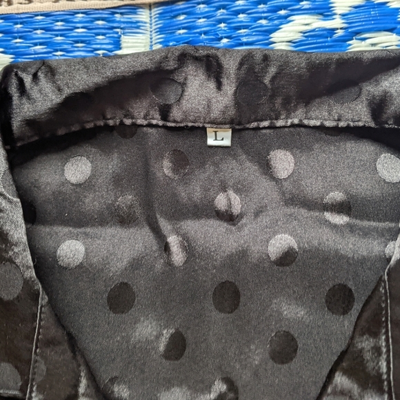 Silky Satin Black Polka Dot Short Sleeve Button Up and Shorts Set with Lace Trim - Picture 6 of 8